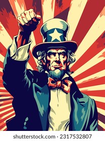 Uncle Sam USA, America. Poster in retro style. Holiday 4th July Independence Day. Vintage art.