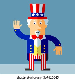 Uncle Sam waving hand. Flat style vector illustration on gray background.  Common national personification of the American government. Symbol of USA