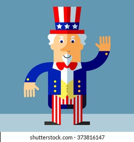 Uncle Sam waving hand. Flat style vector illustration on gray background.  Common national personification of the American government. Symbol of USA