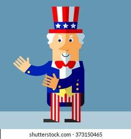 Uncle Sam with welcome hands. Flat style vector illustration on gray background.  Common national personification of the American government. Symbol of USA