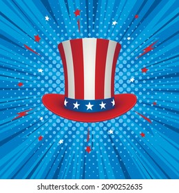 Uncle Sam's American Hat. American flag hat on comic background.