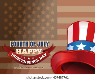Uncle Sam's hat against the backdrop of the American flag. Fourth of July. Happy Independence Day. Hat in American flag color. Top hat made of United States flag. Star striped hat. Vector illustration