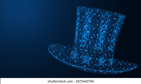 Uncle Sam's hat. The day of the President of the United States. Polygonal construction of concatenated lines and points. Blue background.