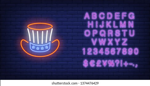 Uncle Sams hat. Neon style illustration on brick background. Independence Day, Presidents Day, carnival. USA banner. For patriotism, holiday, national culture concept