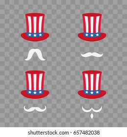 Uncle Sam's hat. Symbol of freedom and liberty. Cartoon Cute Headband with a mustache. Vector illustration isolated on transparent checkered