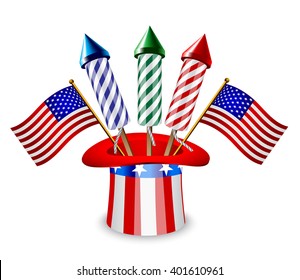 Uncle Sam's hat with three rockets and American flag