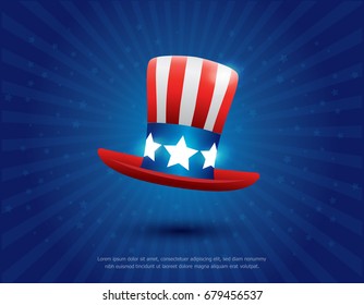 Uncle Sam's hat vector. 4 of July celebration icon. happy independence day banner template design. usa or american hat symbol with stars on blue background