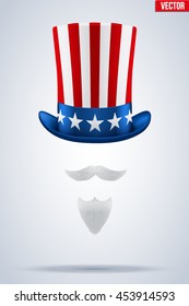 Uncle Sam's Symbol. Hat with beard and mustache. Concept of American Freedom and liberty. Vector Illustration Isolated on white background.