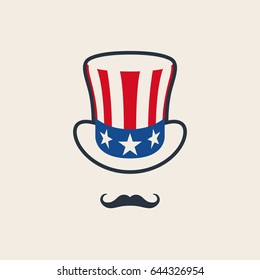 Uncle Sam's Symbol. Hat with mustache. Concept of American Freedom and liberty. Vector icon.