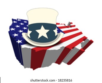 uncle sam's top hat on blue and map and flag of usa