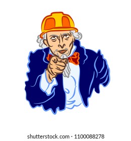 Uncle Sam's vector cartoon in a Construction Safety Helmet. A simple flat color caricature of the builder Uncle Sam