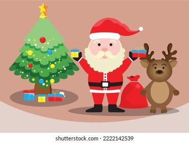 Uncle Santa Claus holding a gift box and a red bag. There is a deer and a Christmas tree with gift boxes under the tree : Vector.