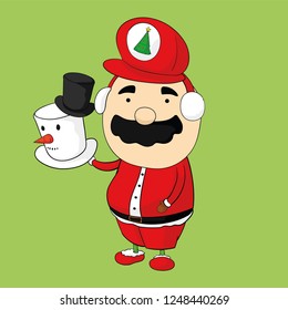 Uncle in Santa suit in Christmas holiday black moustache snowman hat. vector design editable (Layer) 
