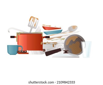 Unclean dirty stack of kitchen dishware and utensils vector illustration on white background