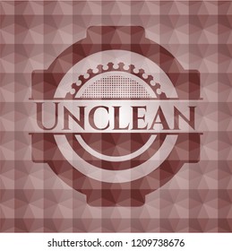 Unclean red badge with geometric background.