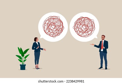 Unclear explanations, not understanding, confused speech. No communication message. Poor communication with speech bubbles.   Modern vector illustration flat design