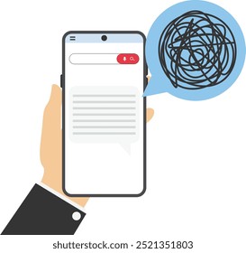 Explicações pouco claras, não compreensão, fala confusa. Nenhuma mensagem de comunicação. Comunicação deficiente. Braços seguram usar telefone inteligente. Design plano de ilustração vetorial moderno.


