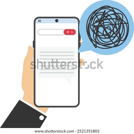 Unclear explanations, not understanding, confused speech. No communication message. Poor communication. Arms hold use smart phone. Modern vector illustration flat design.

