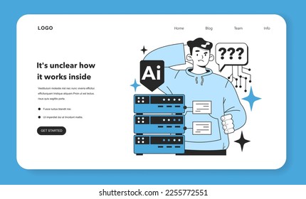 It's unclear how artificial neural network works inside web banner or landing page. Self-learning computing system for data processing. Deep machine learning. Flat vector illustration