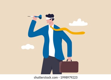 Unclear target or blind business vision, leadership failure or mistake aiming goal, untrained or uneducated management concept, confused businessman blindfold throwing dart.