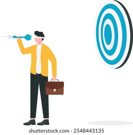 Unclear target or blind business vision, leadership failure or mistake aiming goal, untrained or uneducated management concept, confused businessman blindfold throwing dart.

