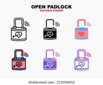 Unclock padlock with key and heart icon set with different styles. Editable stroke and pixel perfect. Can be used for digital product, presentation, print design and more.