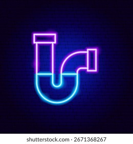 Señal de neón de tubería desatascada. Ilustración vectorial del objeto de fontanero brillante en estilo brillante. Icono de la lámpara llevada del agua del servicio de fontanería sobre fondo azul oscuro del ladrillo. 
