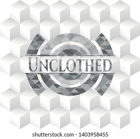 Unclothed retro style grey emblem with geometric cube white background