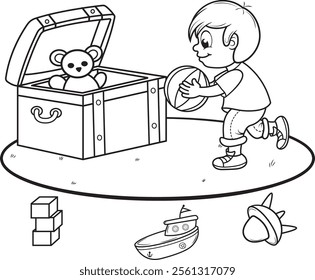 Uncolored black and white illustration, coloring page of a boy putting away his toys.