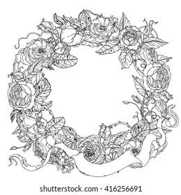 Uncolored, colouring book style luxury roses wreath in zenart style, heraldic style frame for text Adult coloring book Hand-drawn, doodle, vector for design, wedding cards, coloring book