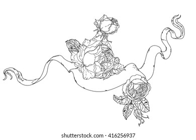 Uncolored, colouring book style luxury roses in zenart style, heraldic frame for text in famous zenart style Adult coloring book Hand-drawn, doodle, vector for design, wedding cards, coloring book