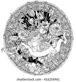 Uncolored, colouring book style luxury roses in zenart style, heraldic frame for text in famous zenart style Adult coloring book Hand-drawn, doodle, vector for design, wedding cards, coloring book