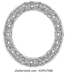 Uncolored, colouring book style luxury frame in zenart style, heraldic  with space for text, in famous zenart style. Adult coloring book Hand-drawn, doodle, vector for design, coloring book