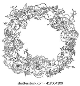 Uncolored colouring book style  roses frame in zenart style, could be used for Adult colouring book. Hand-drawn, doodle, vector the best for your design, wedding cards, coloring book. Black and white.