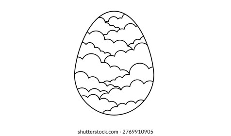 Uncolored easter egg decorated with a dense pattern of fluffy clouds suitable for children coloring activities.