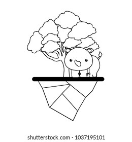 Uncolored elm tree, kawaii rhinoceros and earth piece sticker vector illustration