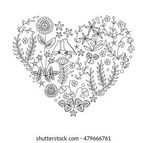 Uncolored floral heart, could be used for Adult colouring book. Hand-drawn, doodle, vector the best for your design, wedding cards, coloring book. Black and white.