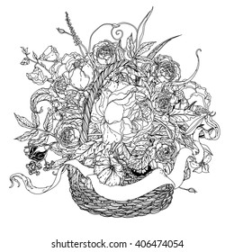 uncolored flowers in a basket and ribbon for text. Adult coloring book famous zenart style. Hand-drawn, retro, doodle, vector, uncoloured. Black and white. The best for design,  cards, coloring book