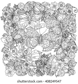 uncolored flowers and butterfly for Adult coloring book in famous zenart style. Hand-drawn, retro, doodle, vector, uncoloured. Black and white. The best for design, textiles, cards, coloring book