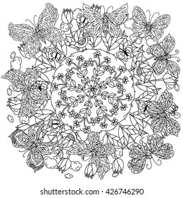 Uncolored flowers and butterfly for adult coloring book in famous zen  art therapy antistress style. Hand-drawn, retro, doodle, vector, mandala style, uncolored for coloring book or poster design.
