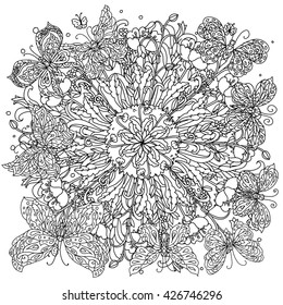 Uncolored flowers and butterfly for adult coloring book in famous zen  art therapy antistress style. Hand-drawn, retro, doodle, vector, mandala style, uncolored for coloring book or poster design.