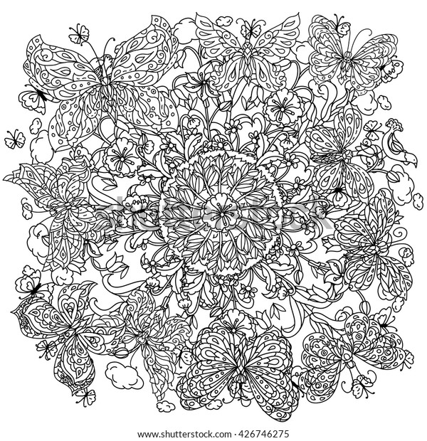 Download Uncolored Flowers Butterfly Adult Coloring Book Stock Vector Royalty Free 426746275