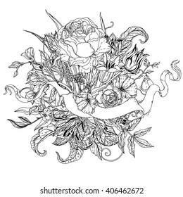 uncolored flowers and ribbon for text. Adult coloring book famous zenart style. Hand-drawn, retro, doodle, vector, uncoloured. Black and white. The best for design, textiles, cards, coloring book