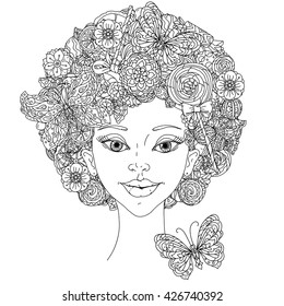 Uncolored girlish face for adult coloring book in famous zenart art therapy anti stress style. Hand-drawn, retro, doodle, vector, mandala style, uncoloured for coloring book or poster design