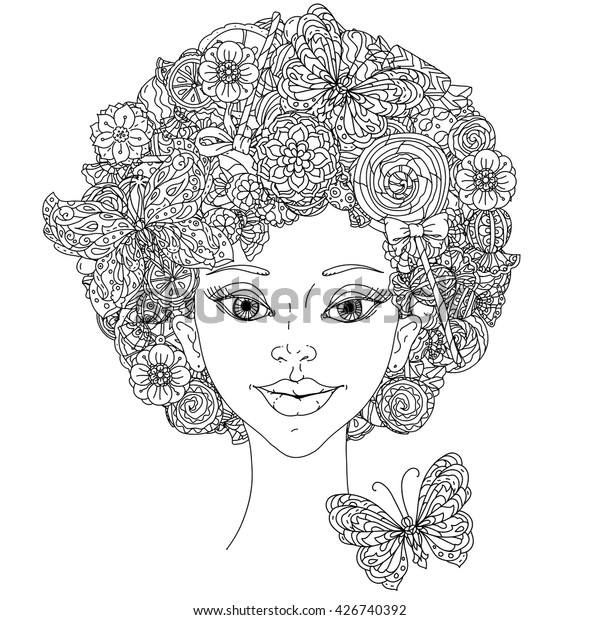 Download Uncolored Girlish Face Adult Coloring Book Stock Vector Royalty Free 426740392