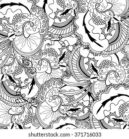 Uncolored hand drawn pattern. Coloring book page for adults. Doodles with vintage flowers pattern. Zendala. Zentagle.