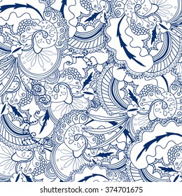 Uncolored hand drawn pattern. Coloring book page for adults. Doodles with vintage flowers pattern. Zendala. Zentagle. Dark blue.
