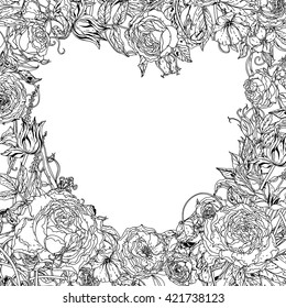 Uncolored heart shape frame by roses in zen art style, could be used for Adult coloring book. Hand-drawn, doodle, vector the best for your design, wedding cards, coloring book. Black and white.