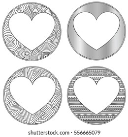 Uncolored heart shaped frame in zen art style with place for the text. Wedding cards, Valentines day, coloring book.