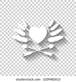 Uncolored icon of valentine&#39;s day with heart, feathers and arrows. White icon with shadow on transparent background